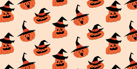 Pattern of orange pumpkins in black witch hats with different carved faces on light background. Halloween seamless design. Vector illustration for festive card, banner, poster, social media, web.