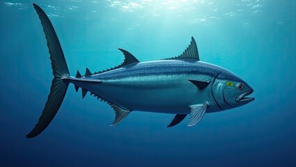 Obraz premium Detailed profile of a tuna fish swimming in deep water.