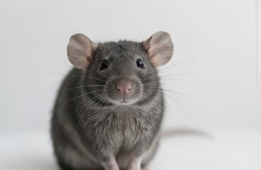 Intimate close-up portrait of curious fluffy gray rat sitting against a pure white backdrop in studio. Clean isolated rodent looking at the camera. Mammal with whiskers, detail of fur and pink nose.