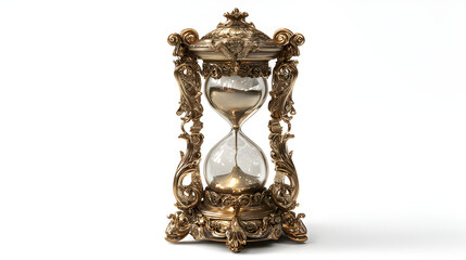 Vintage, old fashioned hourglass. Antique gold ornate hourglass, sand timer isolated 