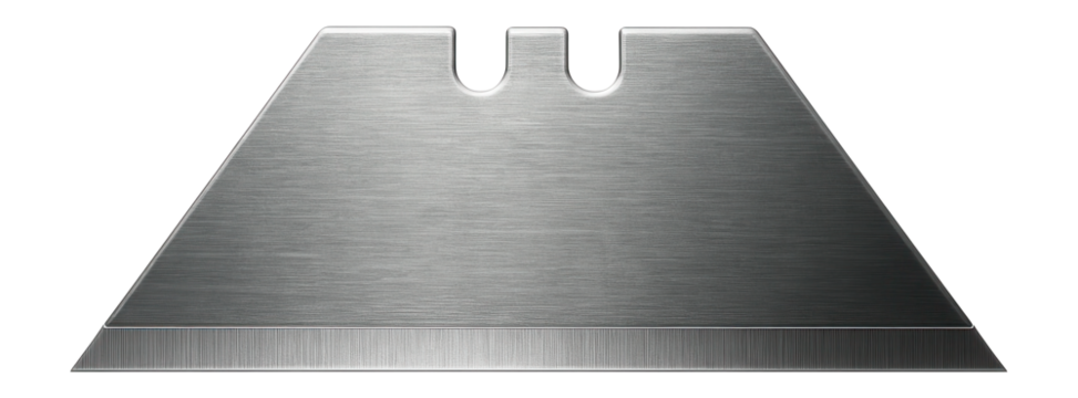 Heavy-duty trapezoid blade for use in a box cutter on a demolition project.