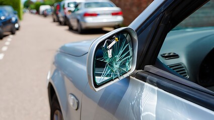 Damaged Car Side Mirror on Suburban Street Represents Vehicle Accidents and Insurance Claims Resulting from Collisions