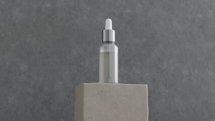 3d rendered cosmetic serum bottle mockup with dropper on concrete pedestal against textured gray background