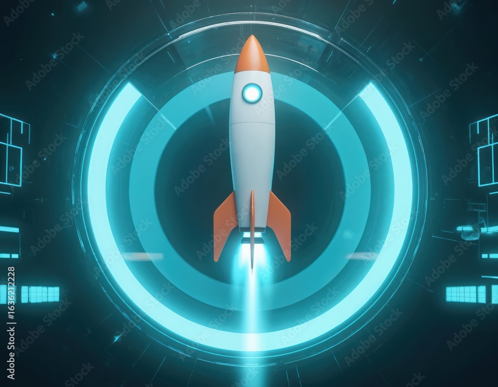 Poster rocket launch innovation concept in digital sphere. startup acceleration in futuristic tech developm