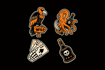 Wild vulture, pirate octopus, skeleton hand with cards and poison bottle retro illustration vector logo design set for merchandise. Vulture sign, Octopus, Skeleton ace cards, Rum bottle