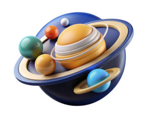 Abstract solar system 3d planets with rings cute space design outer universe astronomy cosmos 3d illustration isolated on transparent background