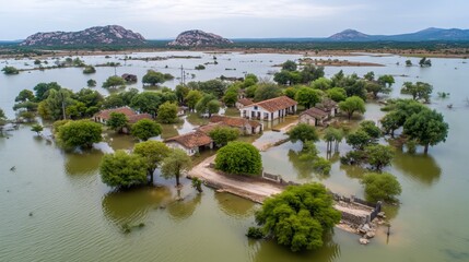 An aerial view of a flooded rural village with homes and trees submerged in extensive floodwaters after a natural disaster.