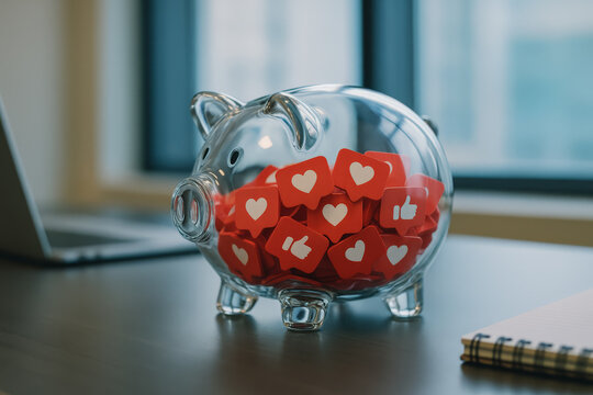Transparent piggy bank filled with social media like icons on an office desk, symbolizing digital engagement and influence accumulation