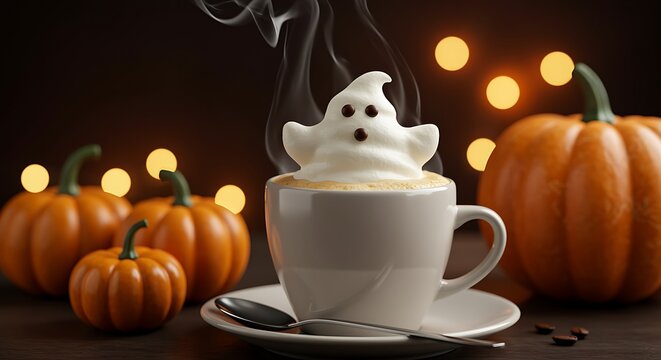 A cup of coffee with a ghost shaped foam sits among pumpkins creating a festive halloween scene