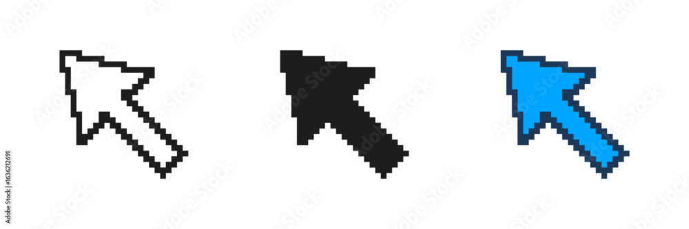 Poster pixelated mouse pointer icon set. classic arrow cursor in pixel art design. retro arrow symbol for c