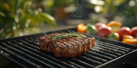 Grilled steak with rosemary cooking on a barbecue surrounded by fresh vegetables on a sunny day