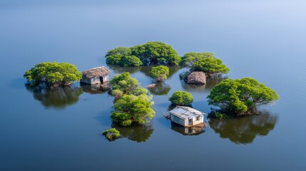 An aerial view of a flooded rural village with homes and trees submerged in extensive floodwaters after a natural disaster.