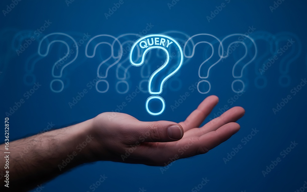 Poster hand holding glowing question mark with query text neon