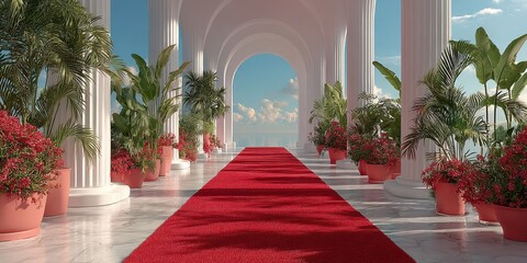 Elegant corridor with red carpet and lush greenery under a bright sky in a serene outdoor setting