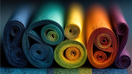 Vibrant rolls of fabric arranged in a colorful display on a worktable at a textile workshop during daylight hours