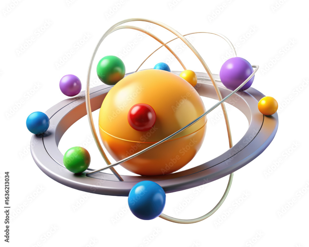 Poster atomic model structure with orbiting electrons representation of science and technology3d illustrati