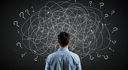 A man looking at a blackboard covered in scribbles and question marks representing a complex problem