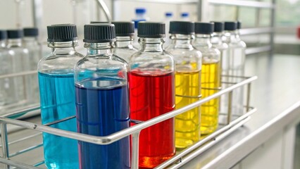 Close Up of Laboratory Bottles with Colorful Liquids on Industrial Metal Rack in Scientific Lab