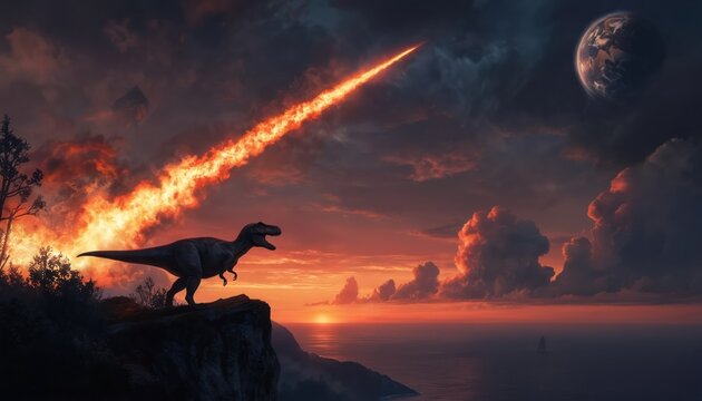 Tyrannosaurus Rex stands on cliff edge, gazing at fiery meteor streaking across dramatic sunset sky towards Earth. Prehistoric scene impending extinction event with majestic dinosaur witnessing