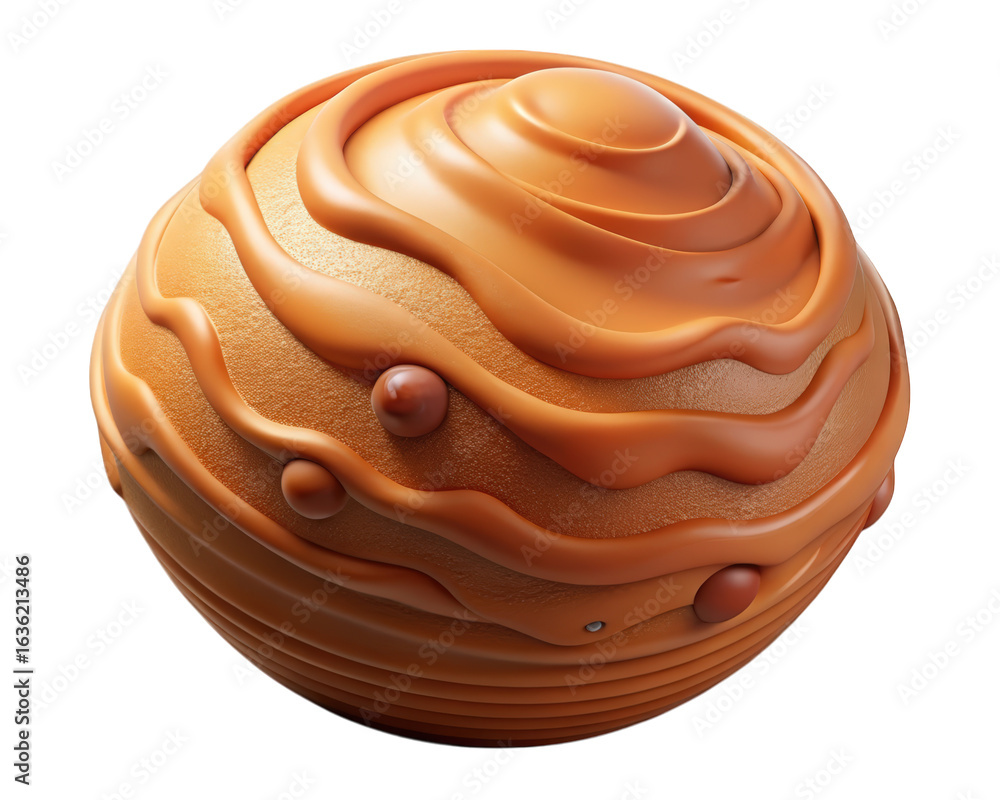 Poster caramel swirl sphere with drizzle and chocolate drops on backdrop 3d illustration isolated on transp