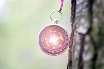 Classic navigation shiny compass on natural background