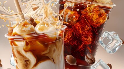 Refreshing iced coffee drinks splashing in clear cups, showcasing creamy textures and vibrant colors, surrounded by coffee beans and ice cubes, perfect for summer beverage promotions and coffee shop m