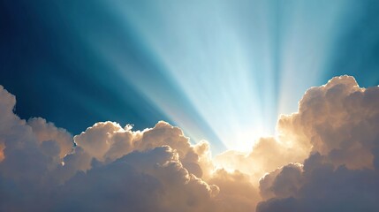 Blue and Orange Cloudy Sky Background with Light Through Clouds – Vibrant Hues Blending in Cloud Layers, Sunbeams Piercing Through for a Dazzling Atmospheric Scene