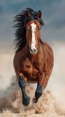 Obraz premium Powerful brown horse galloping through dust clouds on a sunny day in an open landscape