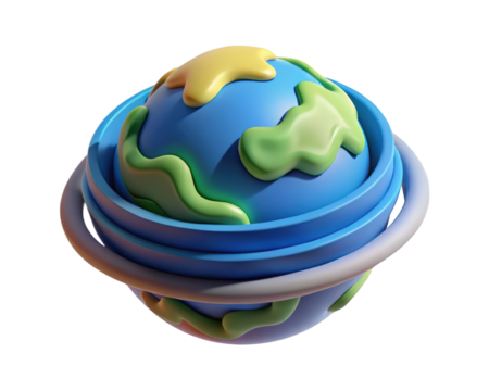 Cartoon earth model with orbiting rings artistic planetary design 3d illustration isolated on transparent background