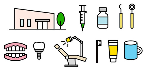 歯医者  歯科医  歯科医院の歯に関するアイコンイラストカラー