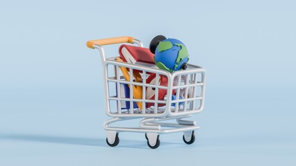 Back to school concept - school objects falling into shopping trolley