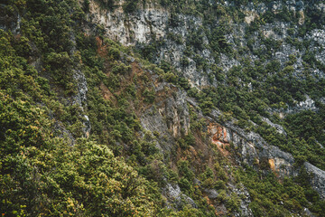 Dramatic, rocky cliff face covered in lush green vegetation.  A mix of textures and colors creates a dynamic landscape.