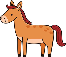 A charming cartoon illustration of a standing brown horse with a red mane and tail.