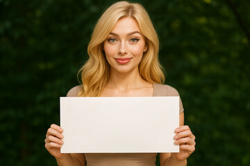 Smiling young blonde woman holding a blank white sign outdoors with a green blurred background