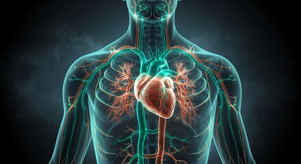 Anatomical Heart and Vascular System Illustration with Teal and Orange Highlights on Dark Background