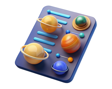 Cartoon planets arrangement on a blue platform minimalist design 3d illustration isolated on transparent background
