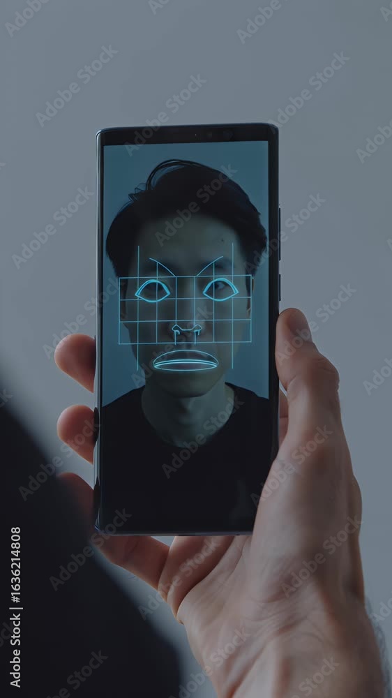 Poster asian man using smartphone for identity verification request on screen