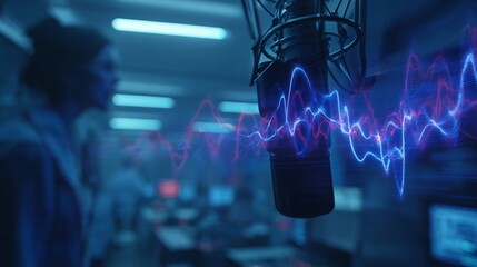 Close-up of a microphone with glowing blue and red soundwaves, symbolizing advanced voice-to-image conversion technology in a futuristic setting.
