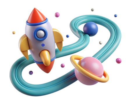 Cartoon rocket ship flying past planets and spheres in space 3d illustration isolated on transparent background