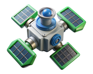 Cartoon satellite model with solar panels green and blue palette 3d illustration isolated on transparent background