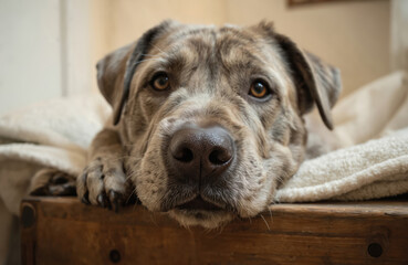 Close-up portrait of old grey dog lying on wooden surface. Sad doggy resting its head with paws together. Tired pet needs relaxation. Domestic animal with bright brown eyes looks charming.