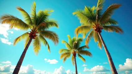 Three tropical palm trees against a vibrant blue sky.