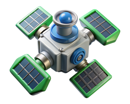 Cartoon satellite model with solar panels green and blue palette 3d illustration isolated on transparent background