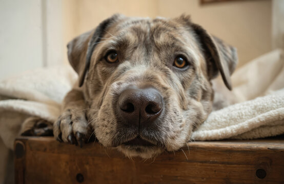 Close-up portrait of old grey dog lying on wooden surface. Sad doggy resting its head with paws together. Tired pet needs relaxation. Domestic animal with bright brown eyes looks charming.