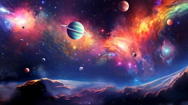 Vibrant nebula clouds drift over a mountain range on an alien planet, with various planets visible in the colorful sky