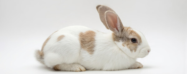 Cute, fluffy rabbit resting on white background. Small bunny with brown spots enjoys peace. Peaceful, relaxed mood, animal portrait. Furry pet, adorable young baby bunny isolated.