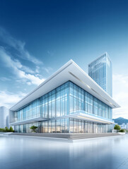 Obraz premium The square in front of the white building's glass curtain wall