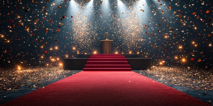 Bright lights illuminate a red carpet event with a podium surrounded by sparkling confetti