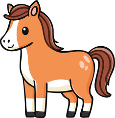 A cheerful cartoon pony, light brown with white markings, stands happily.