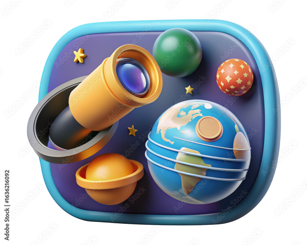 Poster discovering planets and stars 3d rendered universe exploration through telescope and spherical celes